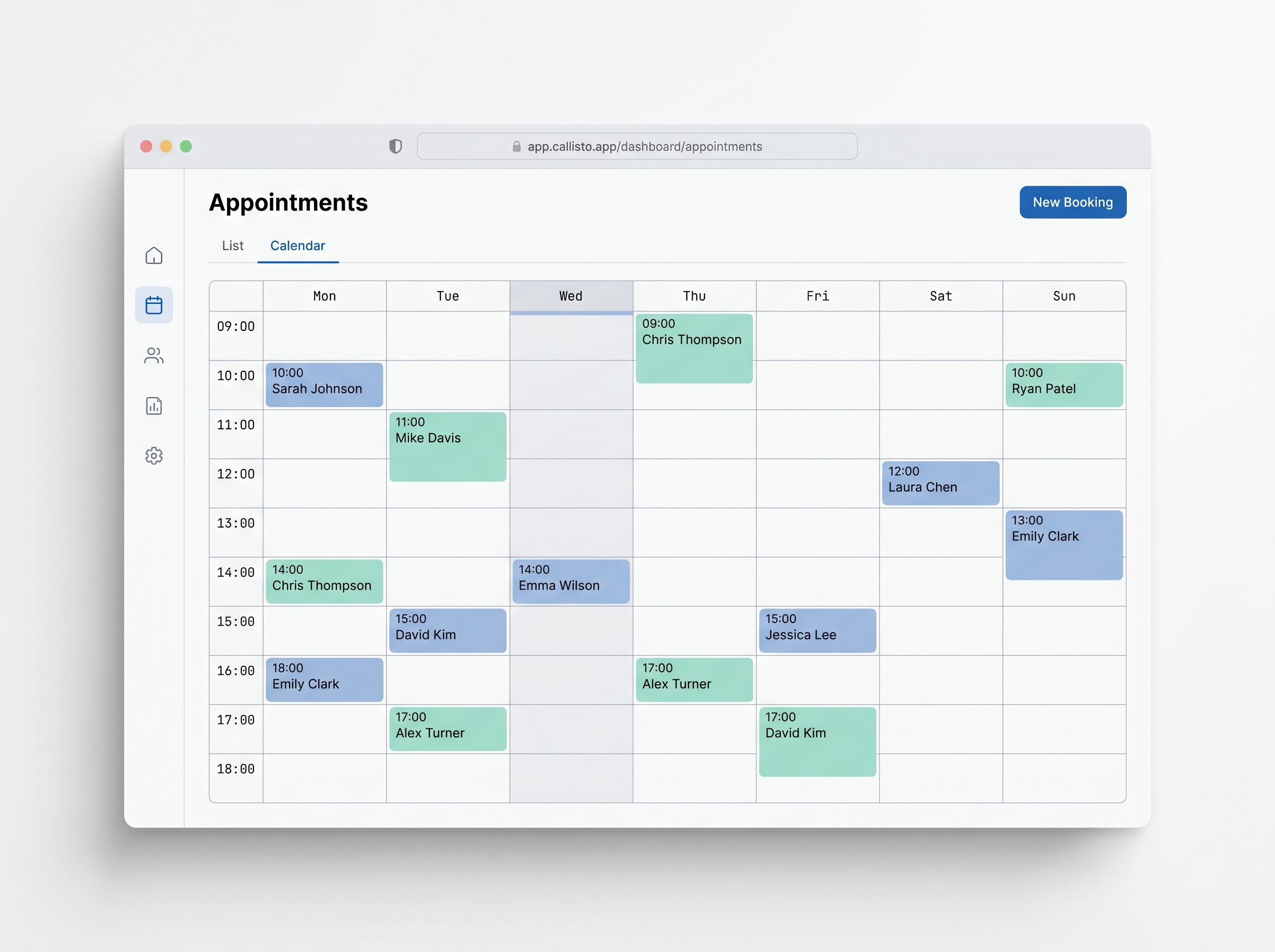 Callisto Booking dashboard — weekly appointment calendar.