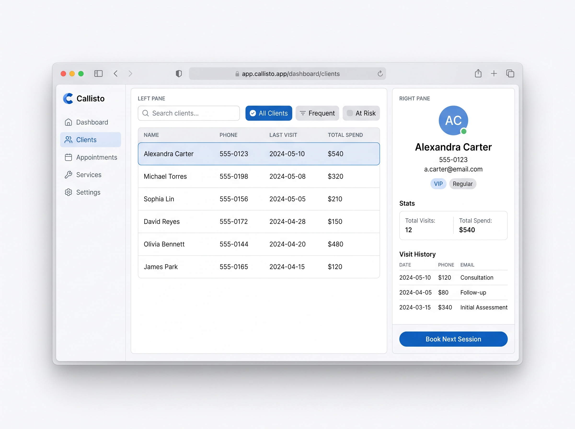 Client management split-pane with searchable list and detail panel.