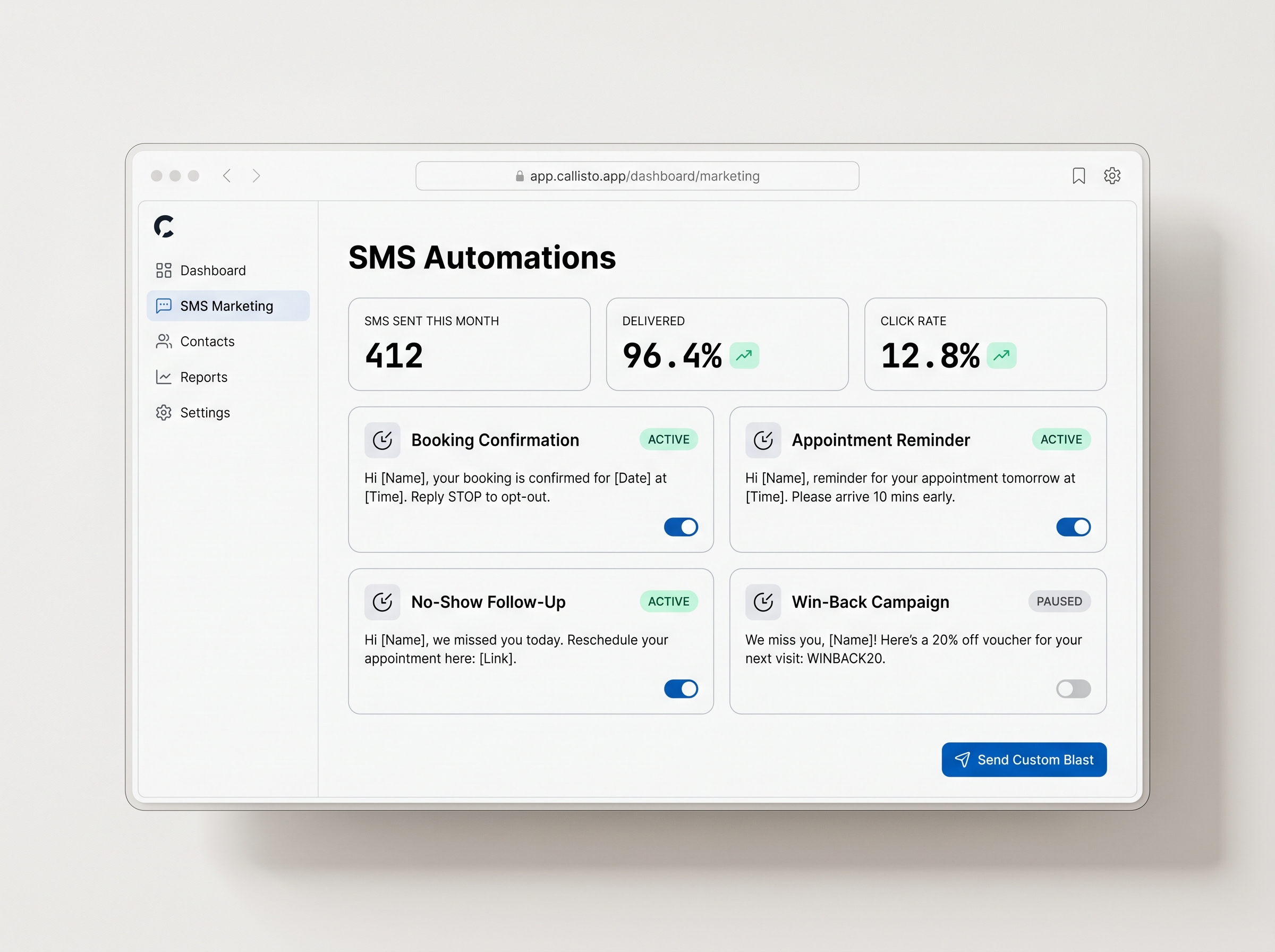 SMS Automations dashboard with template editor.